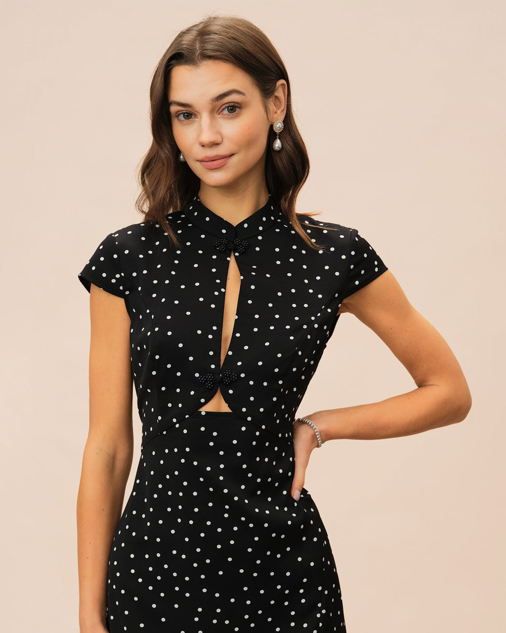 Black Polka Dot Midi Dress with Mandarin Collar