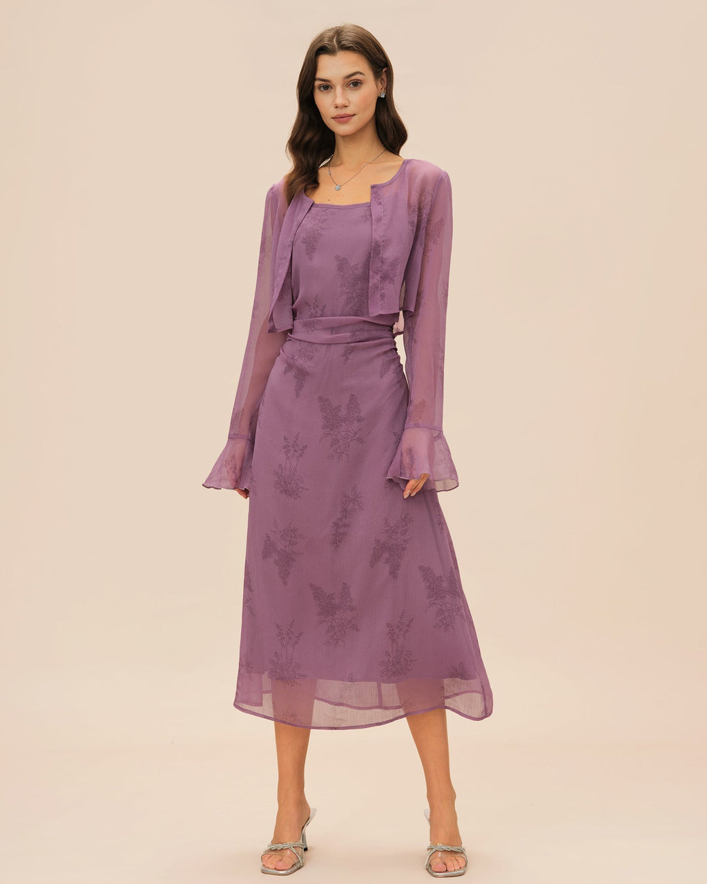 Purple Floral Slip Midi Dress with Ruching