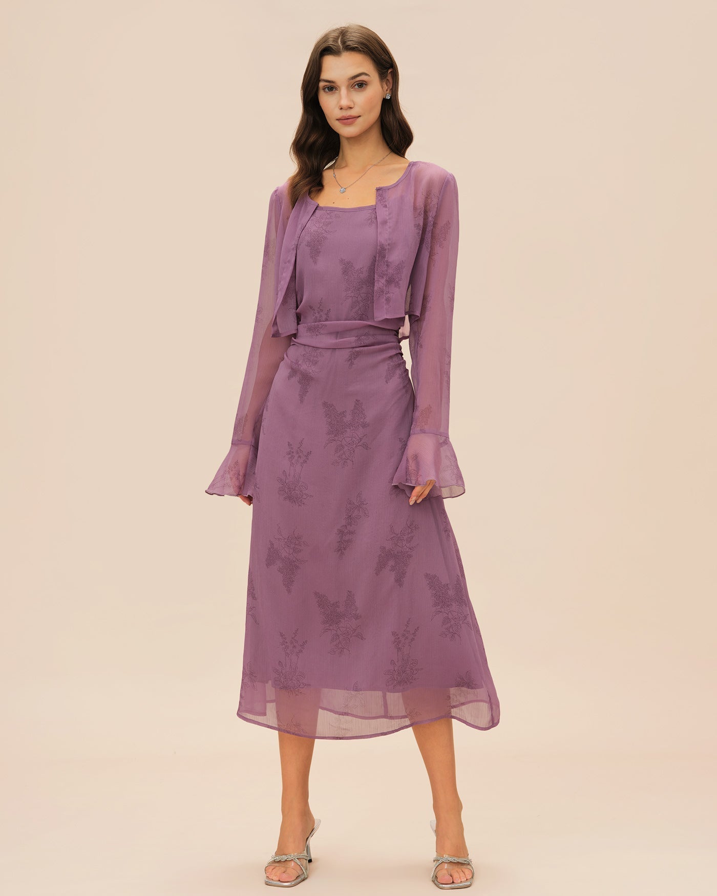 Purple Floral Slip Midi Dress with Ruching