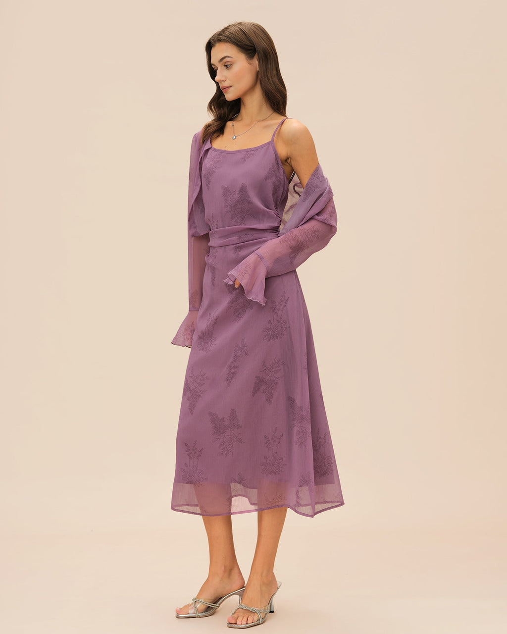 Purple Floral Slip Midi Dress with Ruching