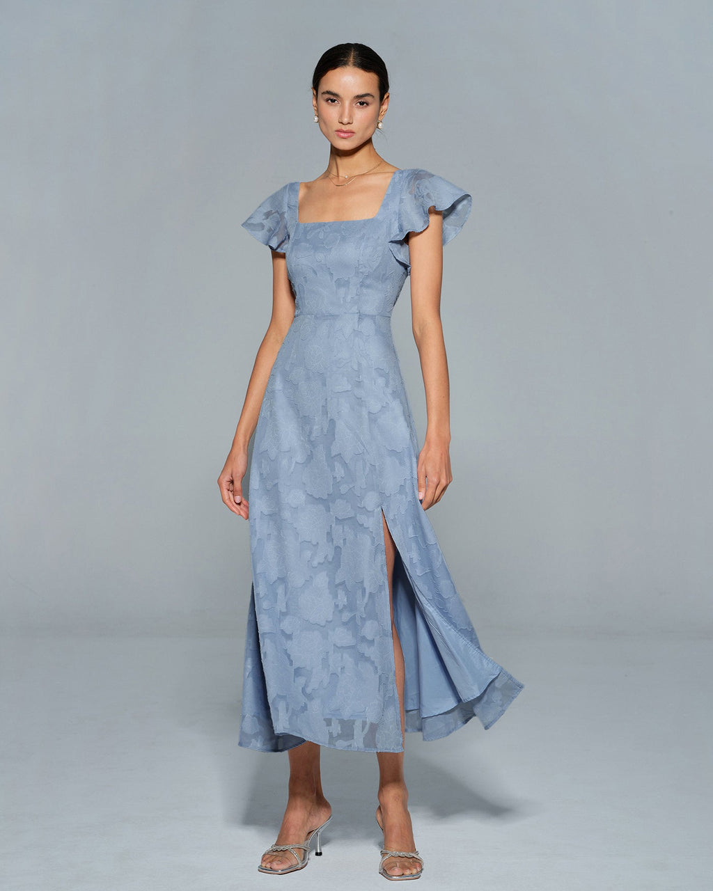 Blue Floral Midi Dress with Square Neck