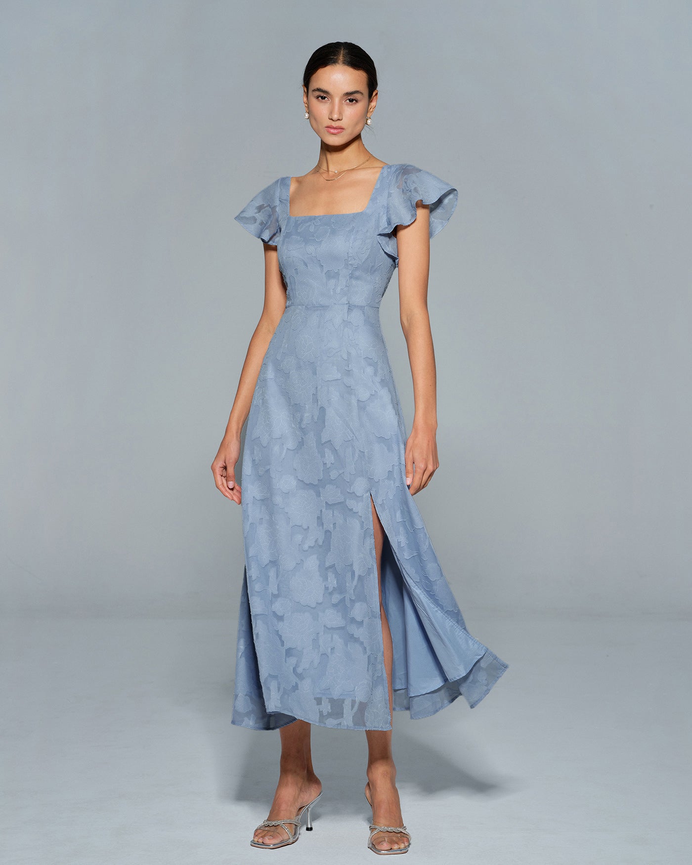 Blue Floral Midi Dress with Square Neck