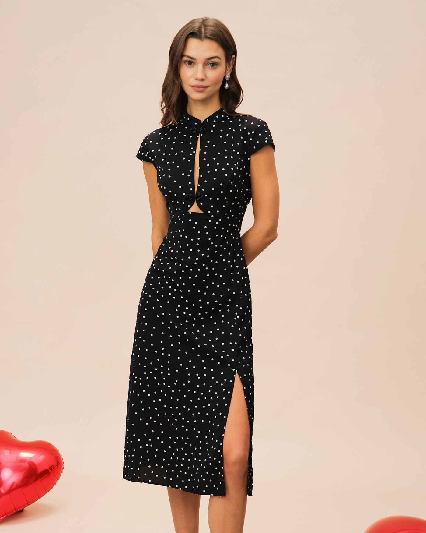 Black Polka Dot Midi Dress with Mandarin Collar