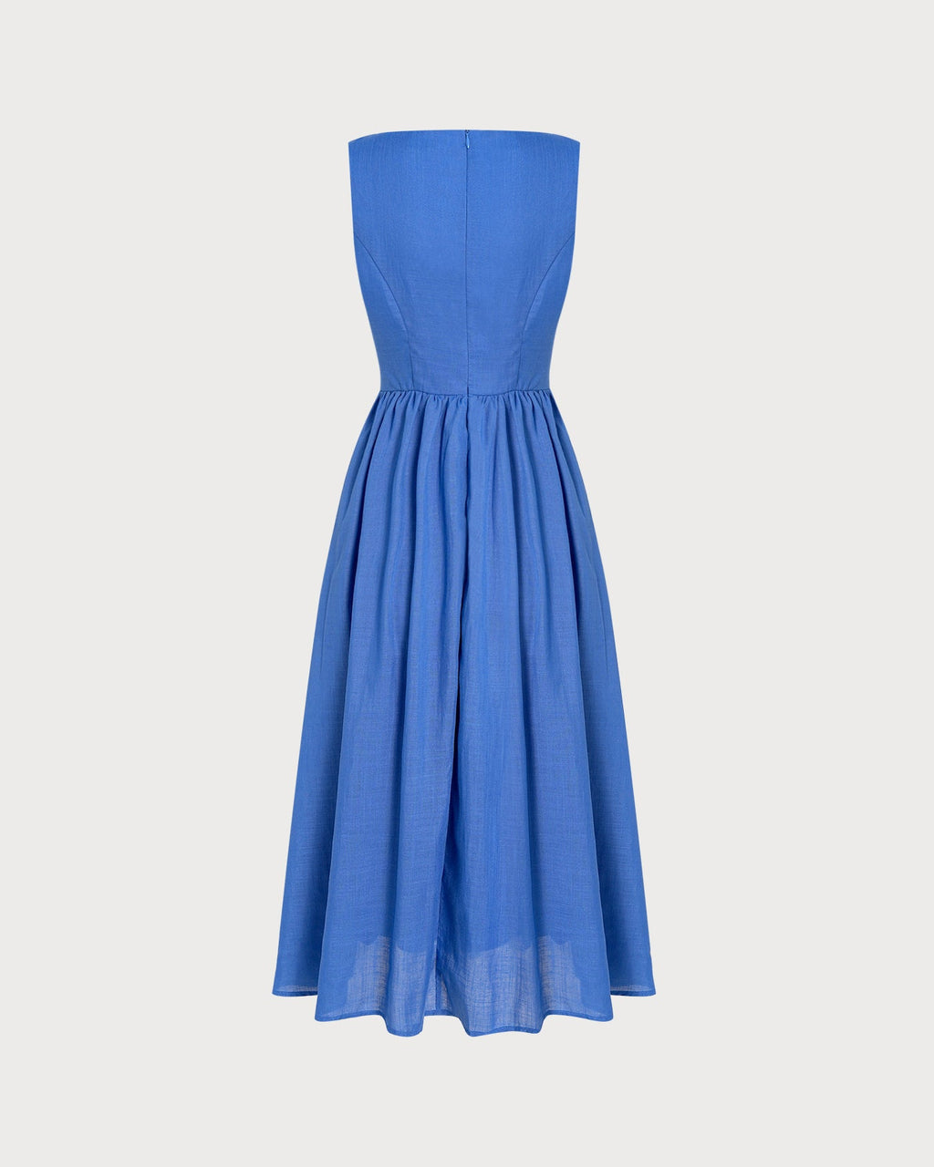 Blue Midi Dress with Square Neck, Bows and Pockets
