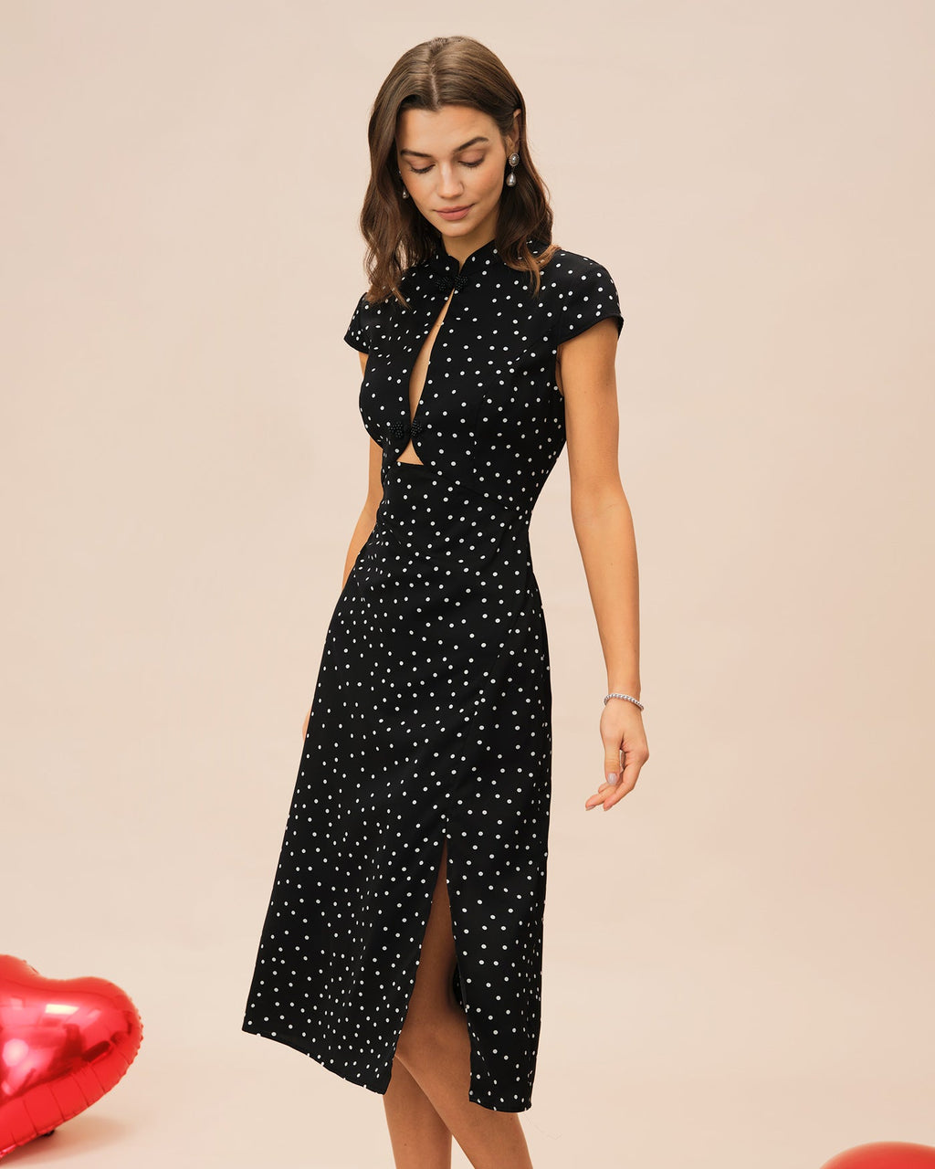 Black Polka Dot Midi Dress with Mandarin Collar