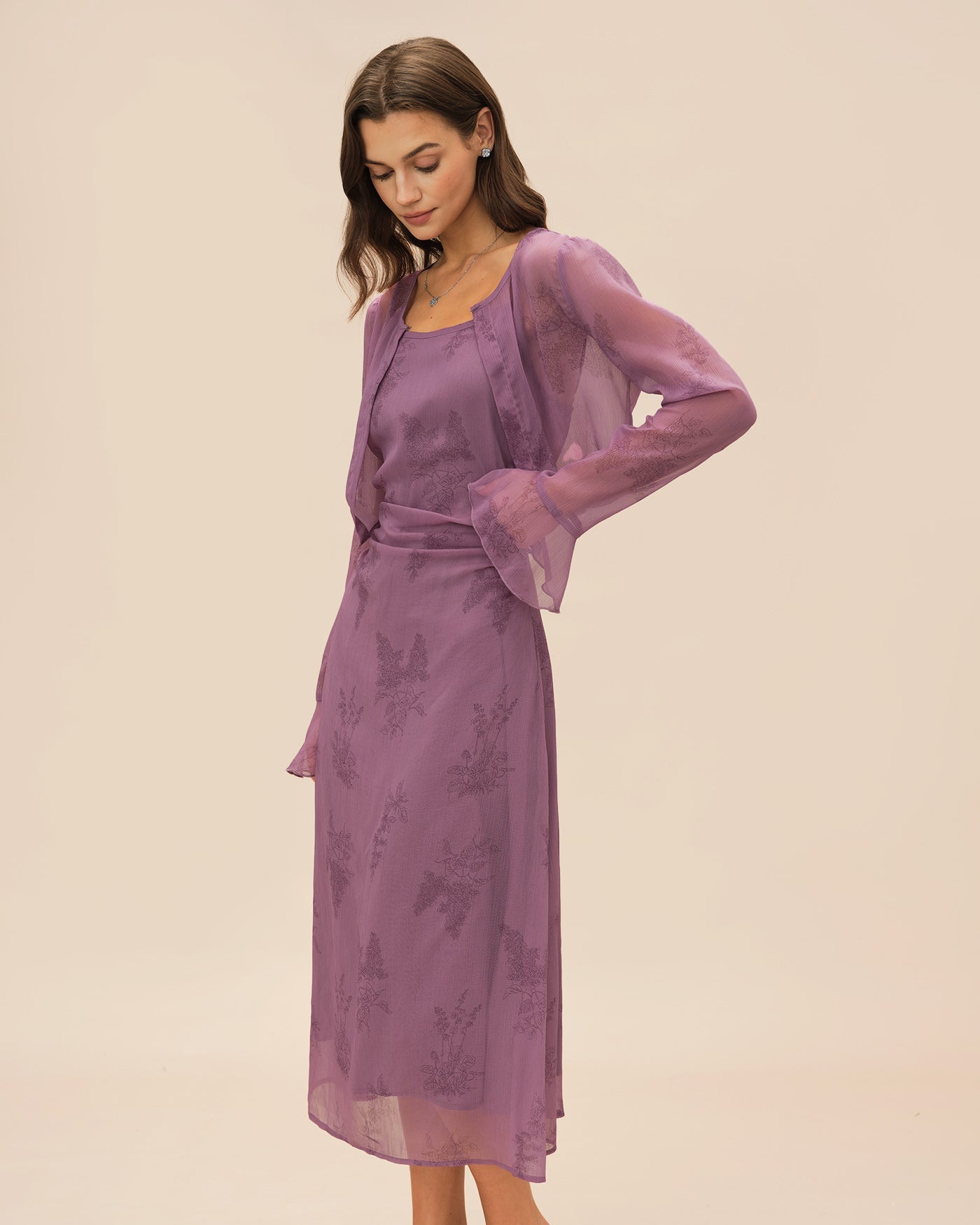 Purple Floral Slip Midi Dress with Ruching