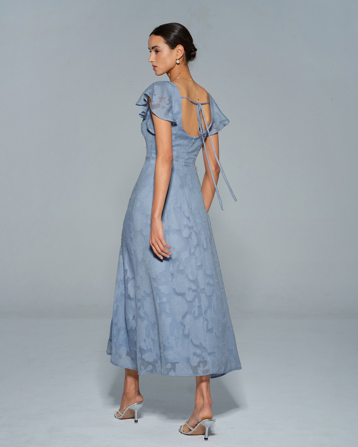 Blue Floral Midi Dress with Square Neck