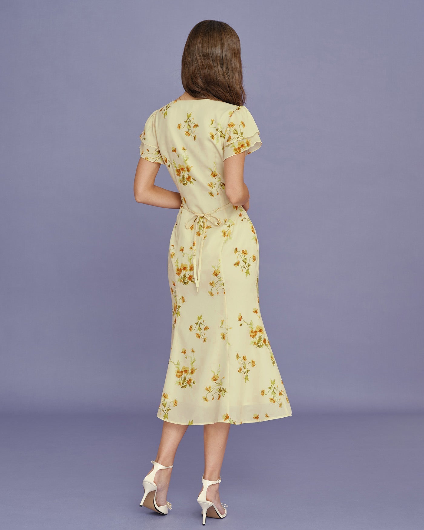 Yellow Floral Midi Dress with V-Neck Mermaid Style
