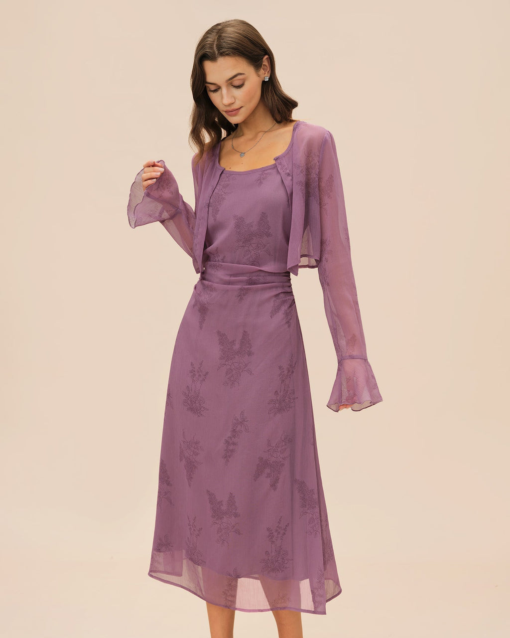 Purple Floral Slip Midi Dress with Ruching
