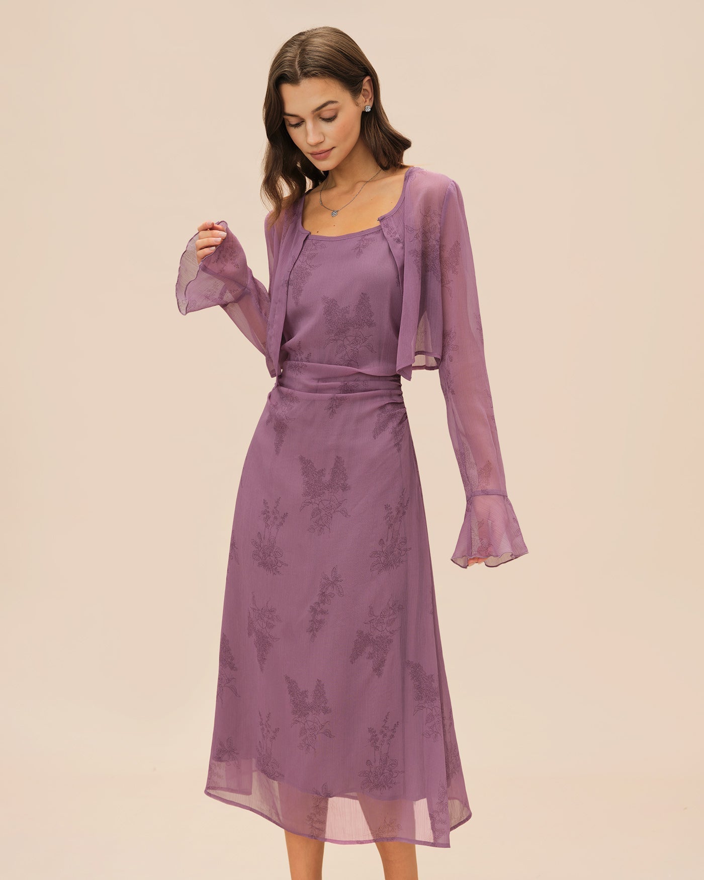 Purple Floral Slip Midi Dress with Ruching