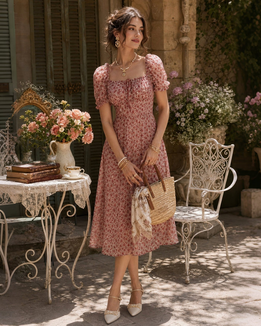 Pink Floral Chiffon Midi Dress with Square Neck
