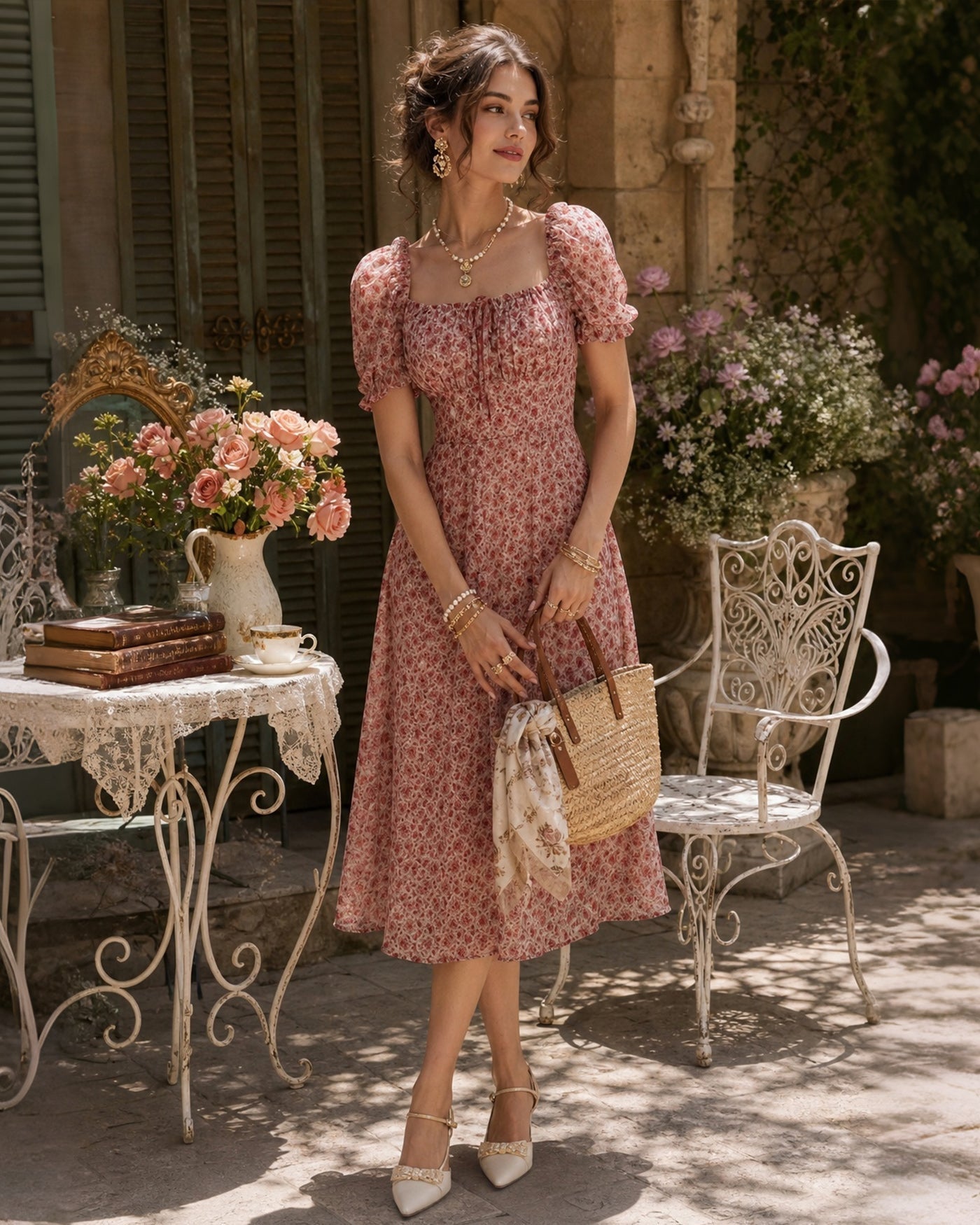 Pink Floral Chiffon Midi Dress with Square Neck
