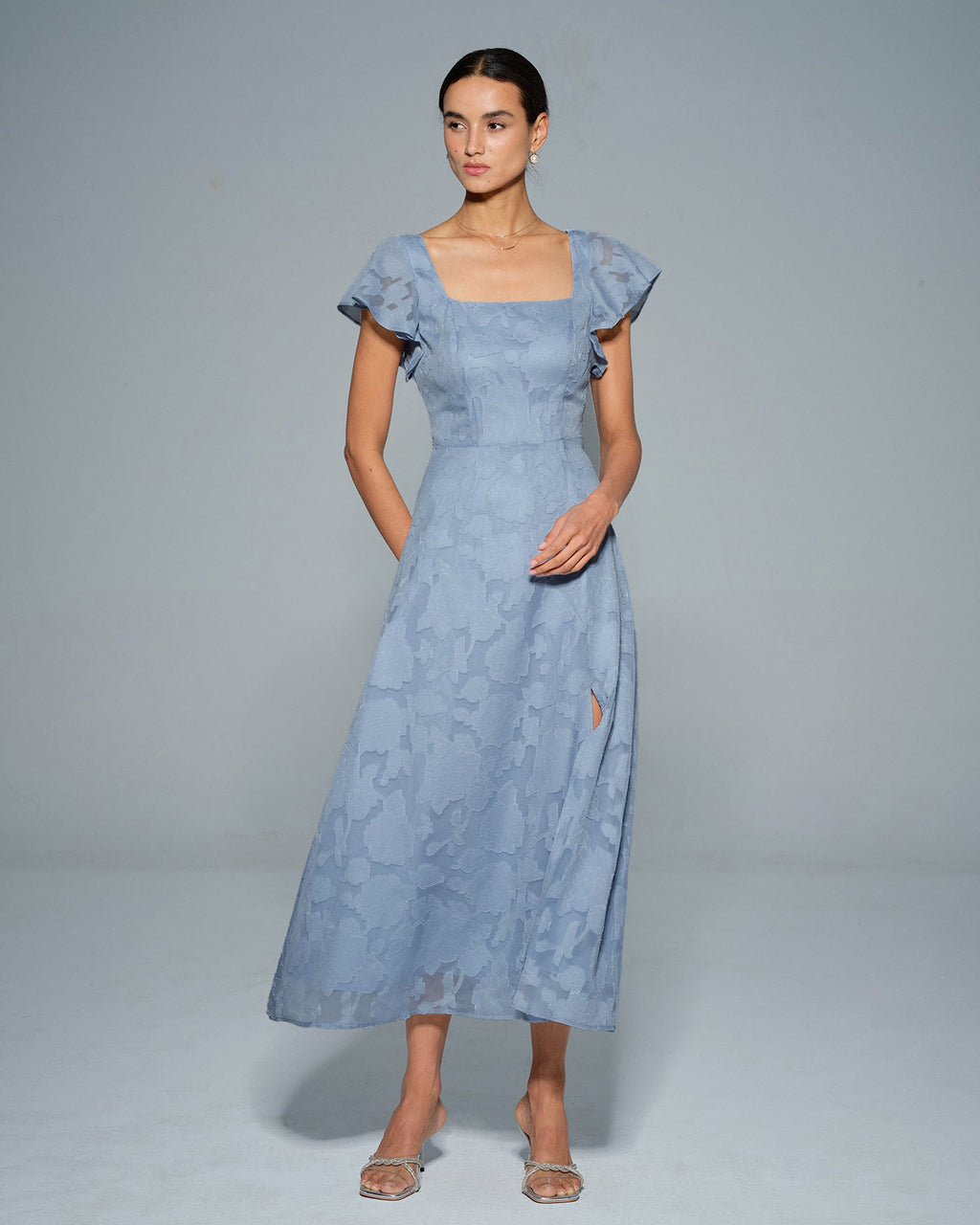 Blue Floral Midi Dress with Square Neck