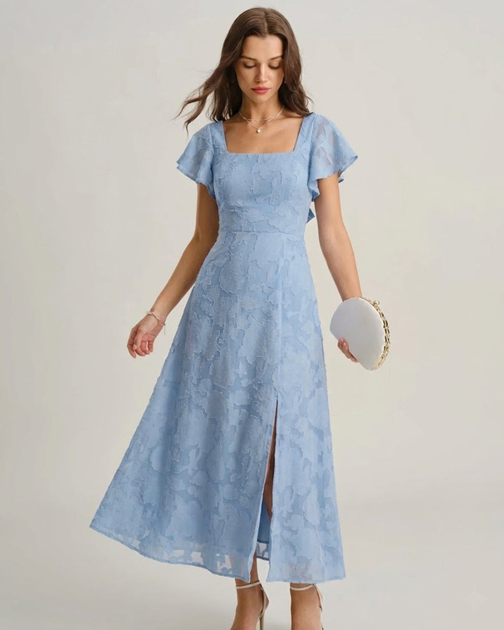 Blue Floral Midi Dress with Square Neck