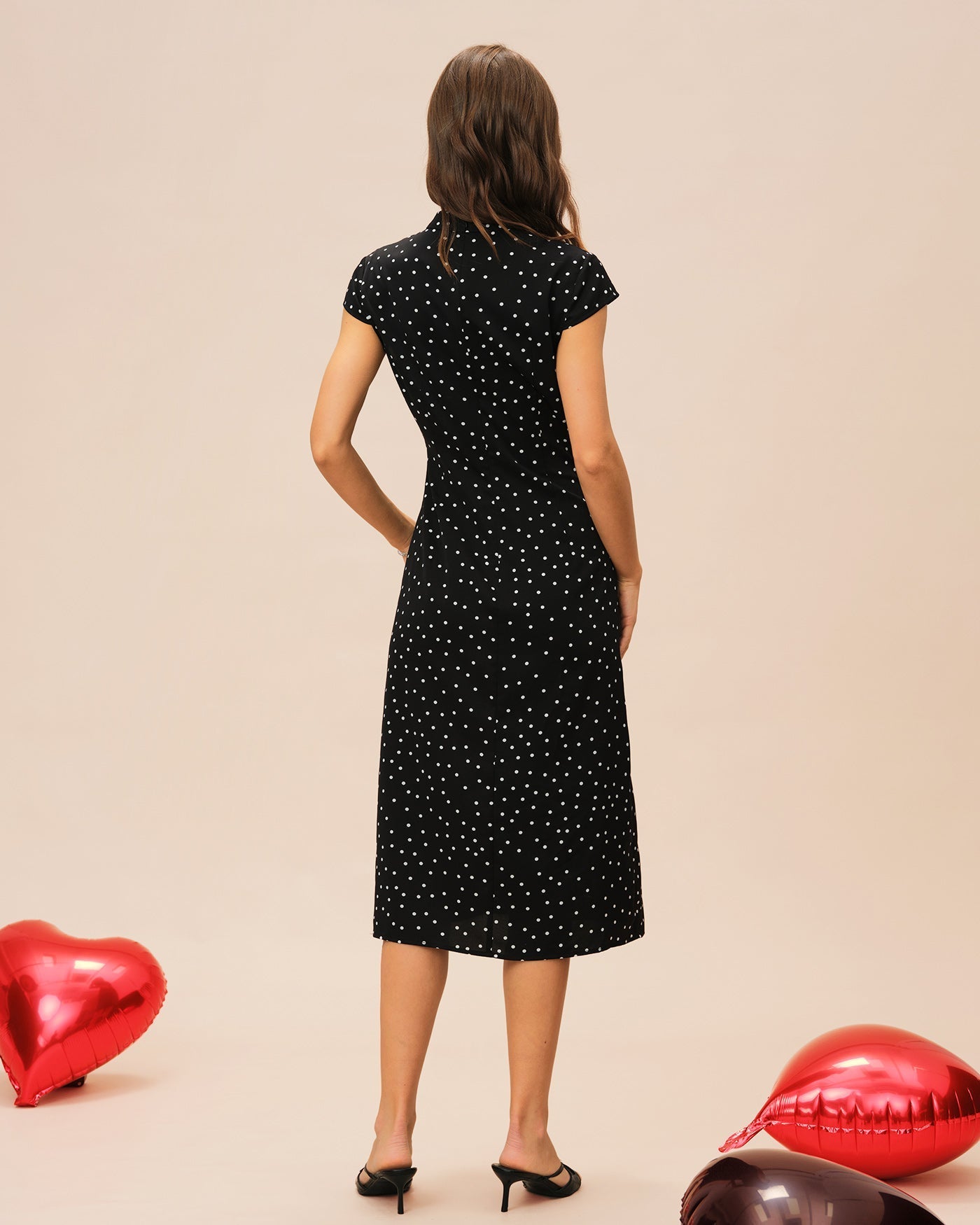 Black Polka Dot Midi Dress with Mandarin Collar