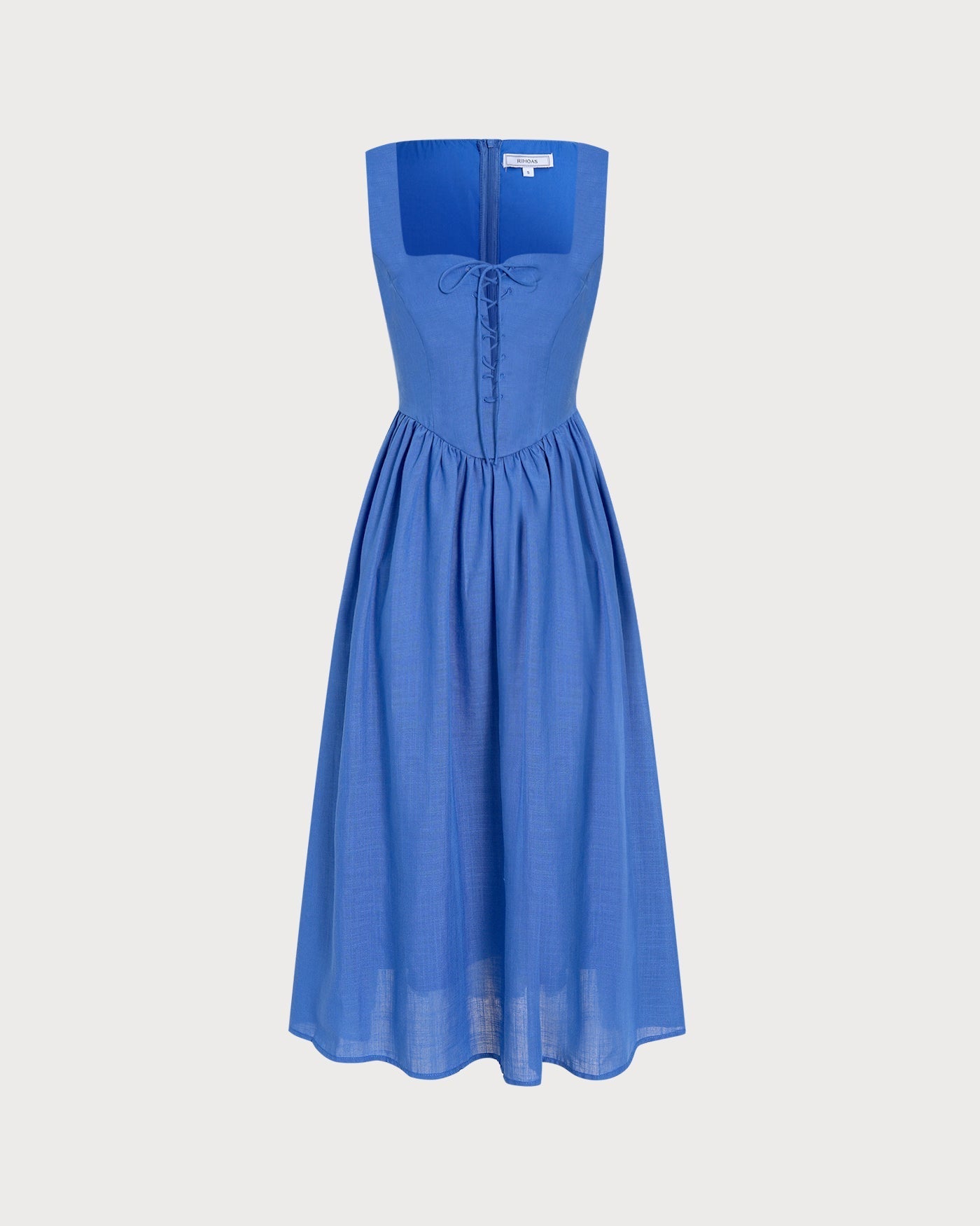 Blue Midi Dress with Square Neck, Bows and Pockets