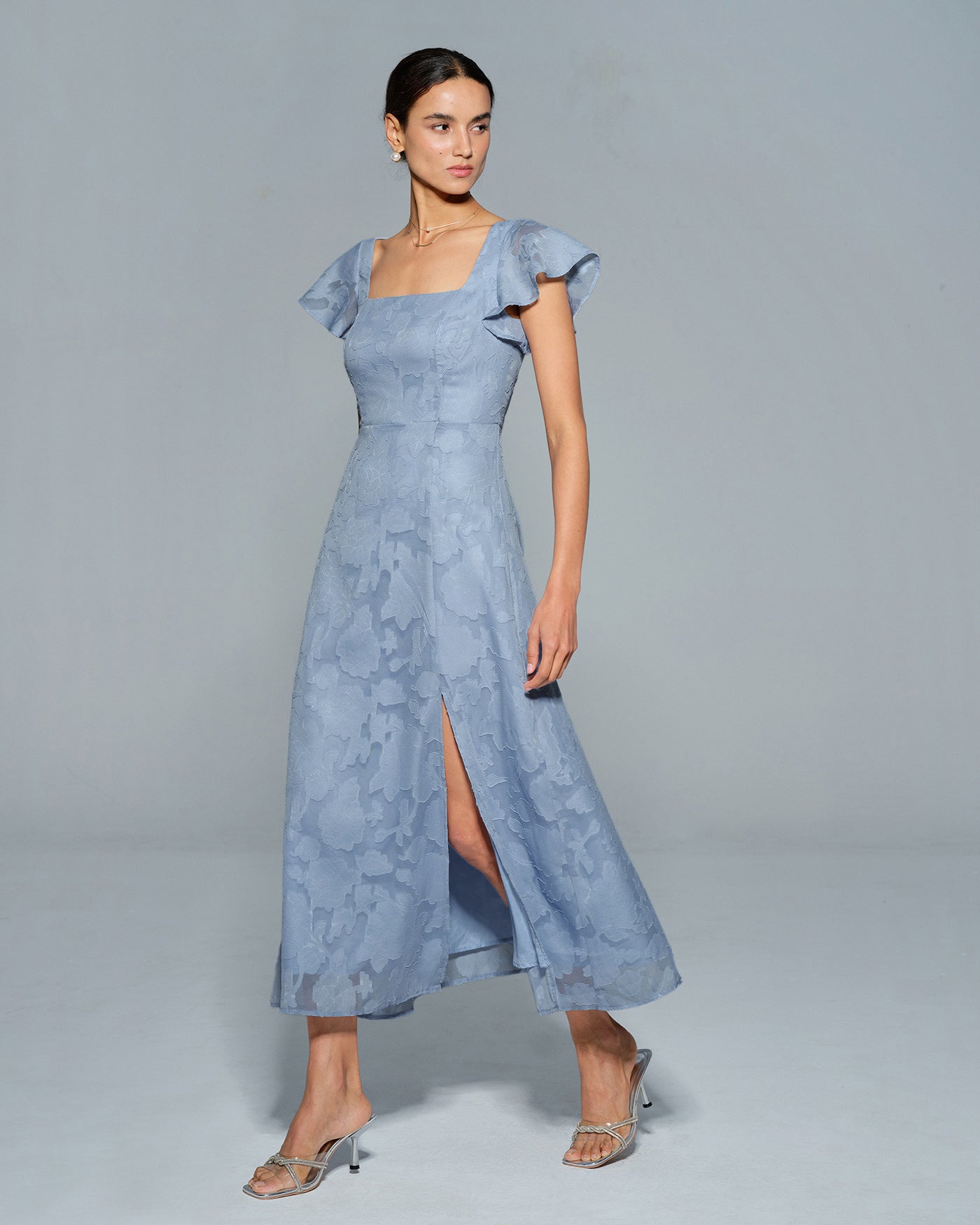 Blue Floral Midi Dress with Square Neck