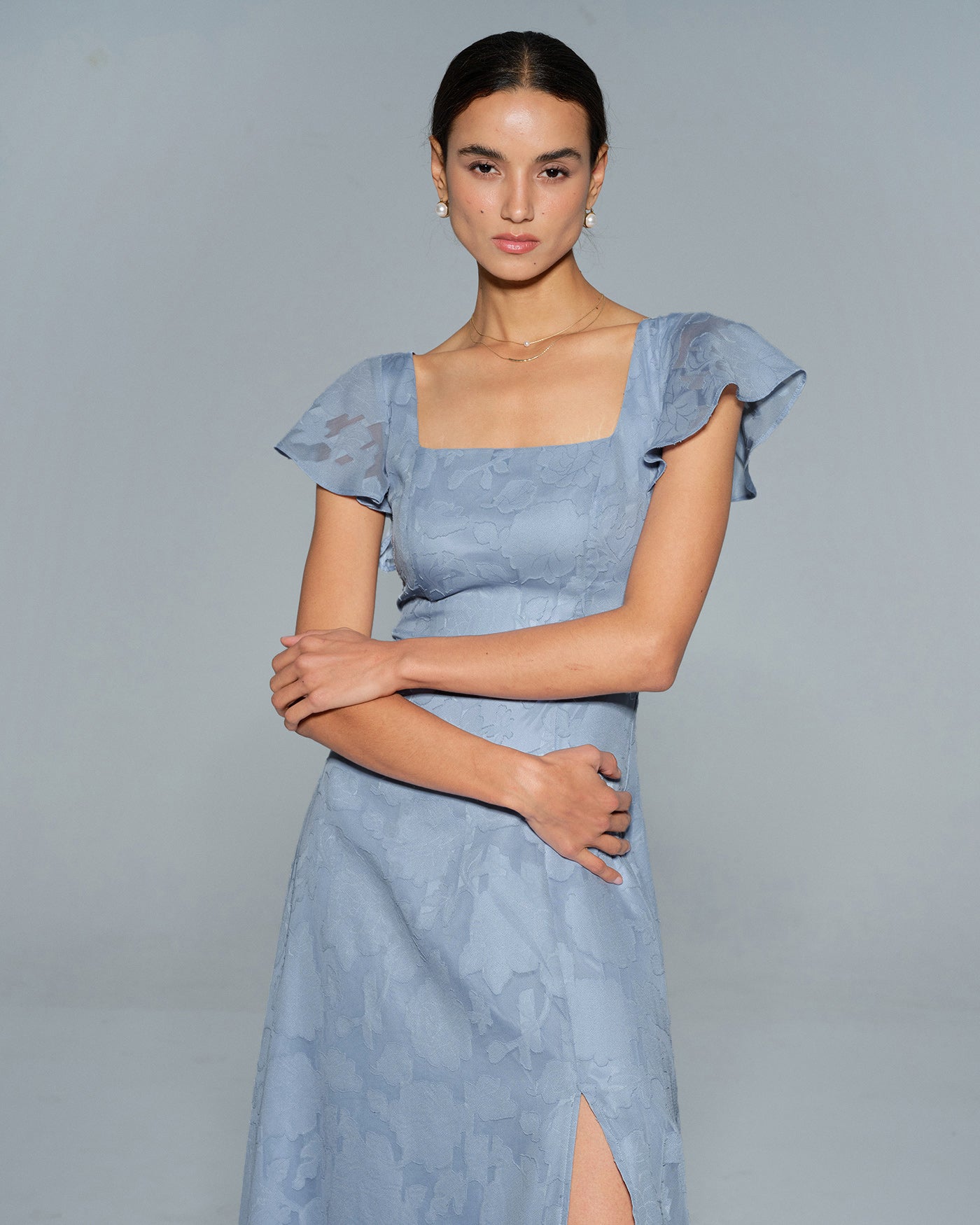 Blue Floral Midi Dress with Square Neck