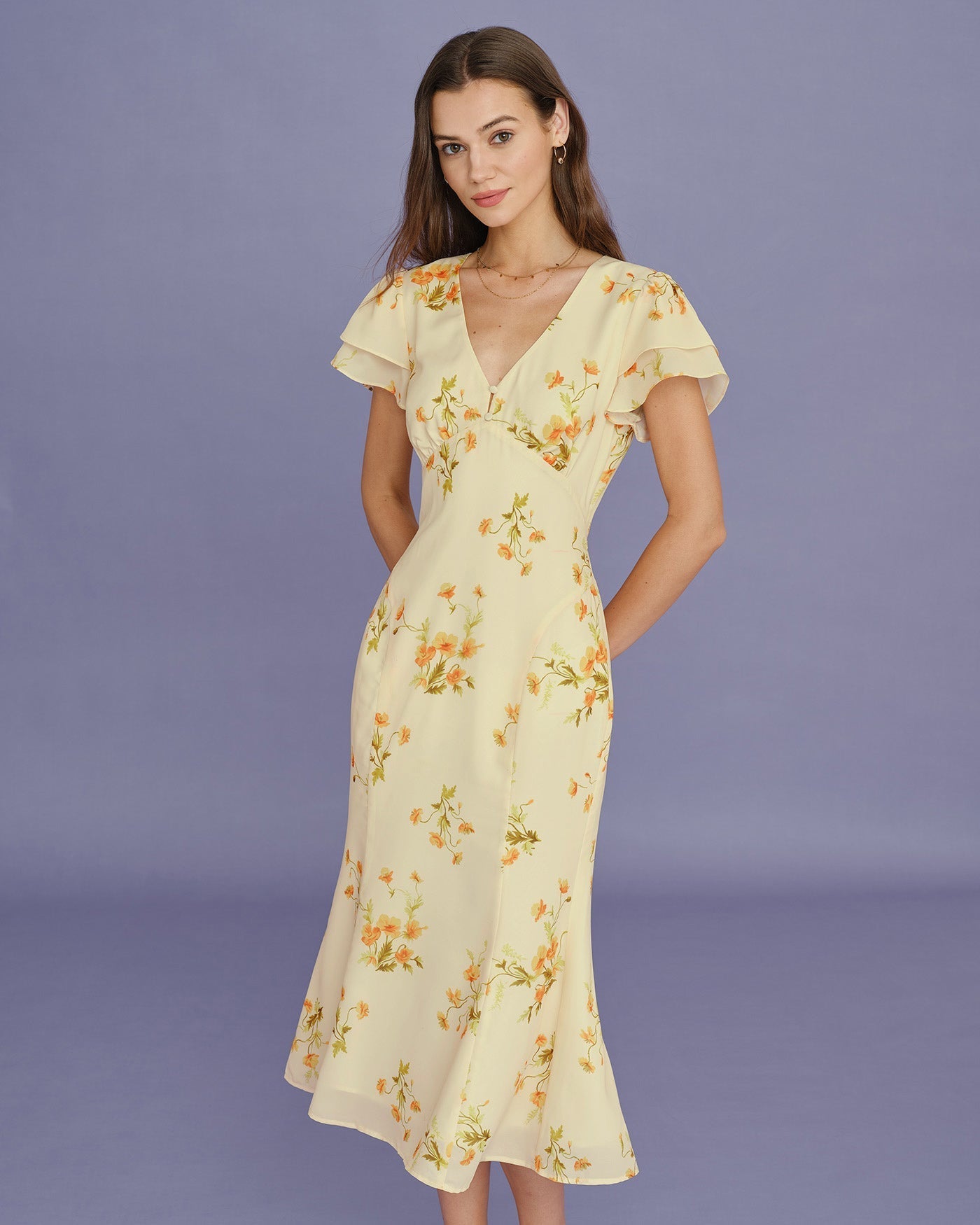 Yellow Floral Midi Dress with V-Neck Mermaid Style