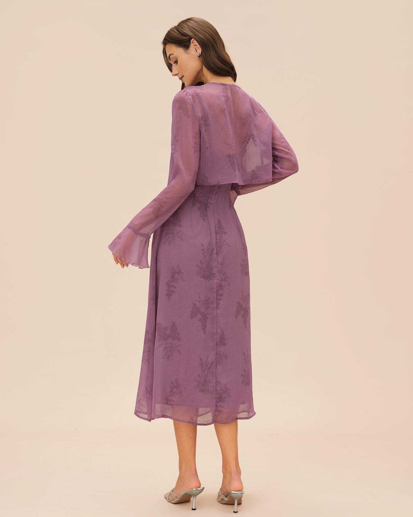 Purple Floral Slip Midi Dress with Ruching