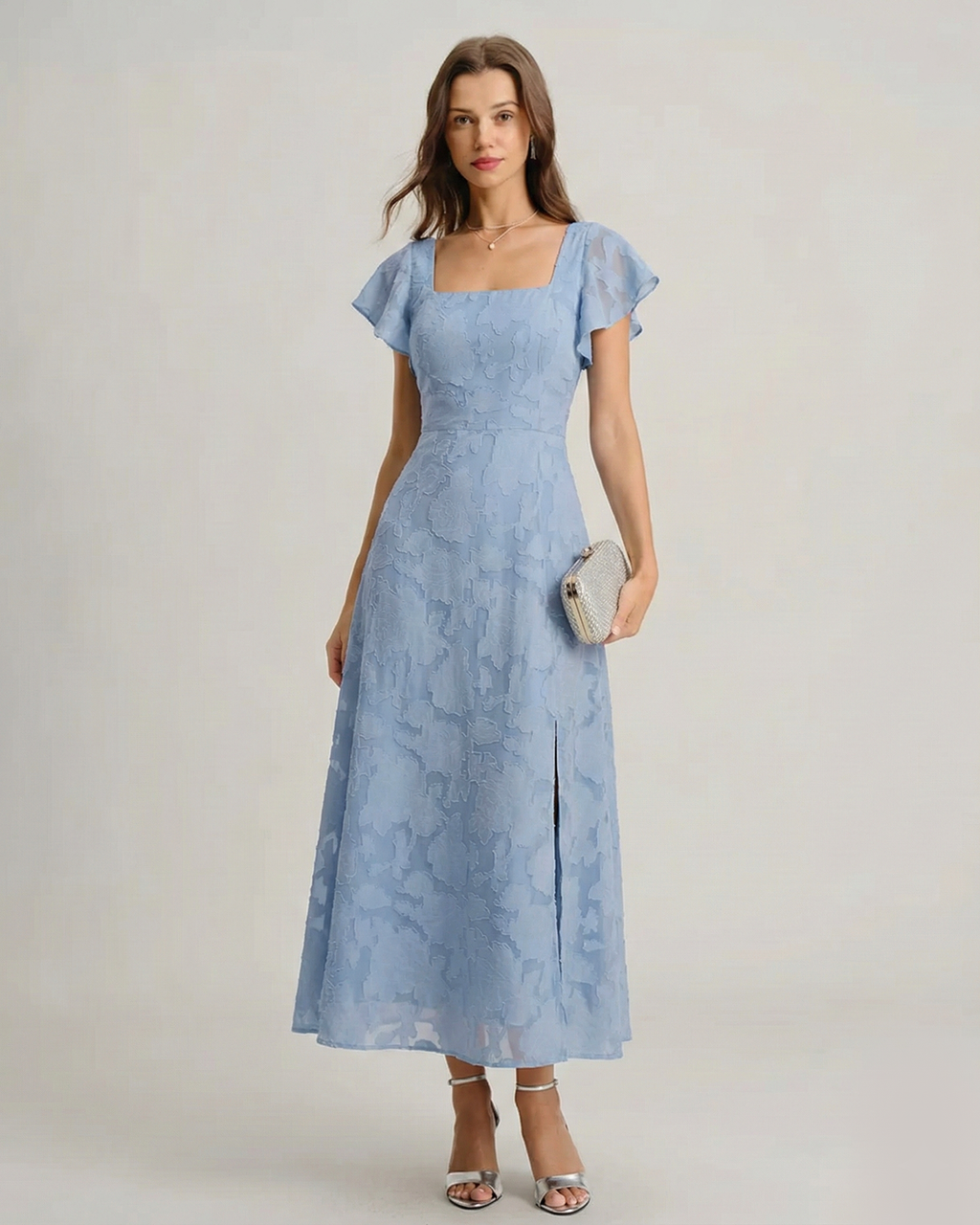 Blue Floral Midi Dress with Square Neck