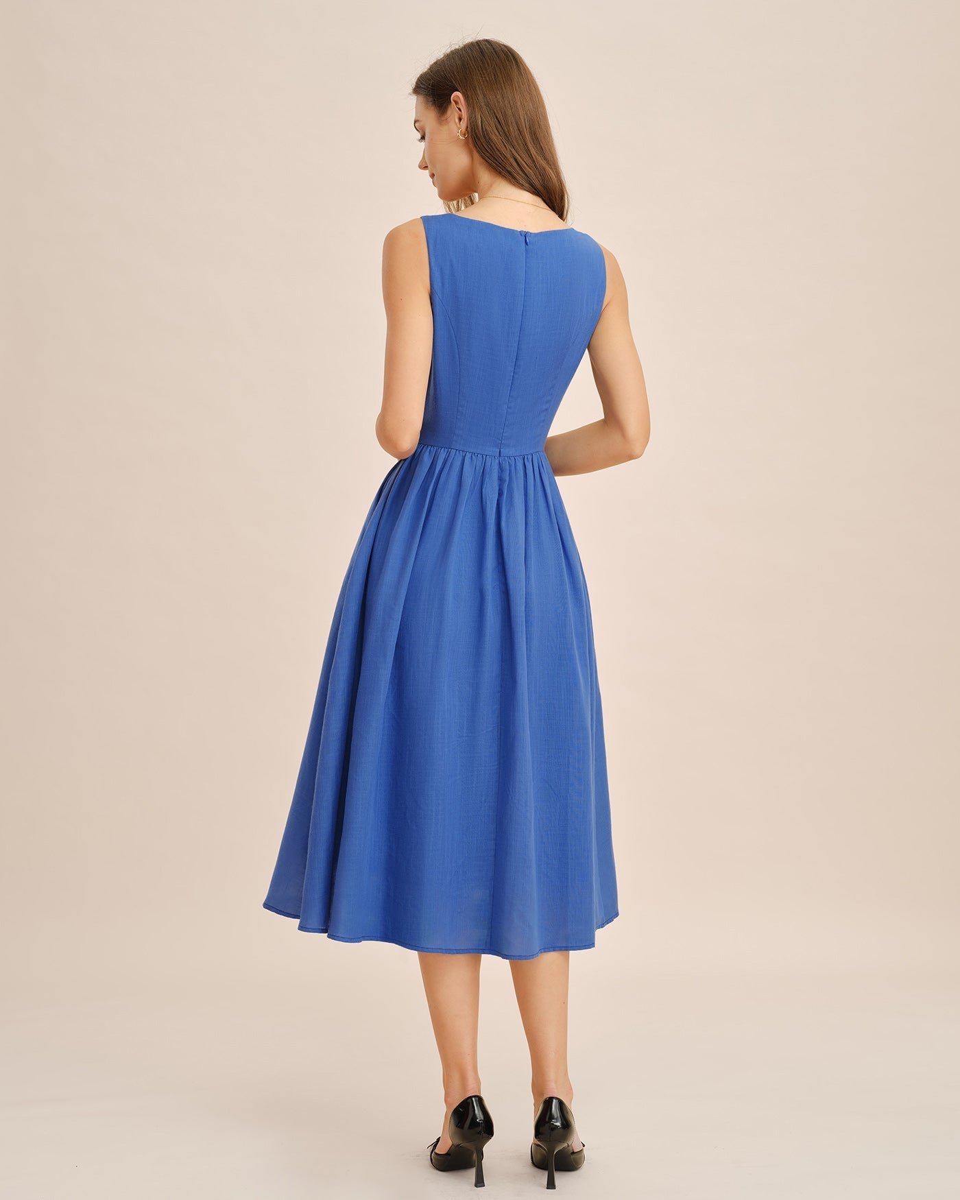 Blue Midi Dress with Square Neck, Bows and Pockets