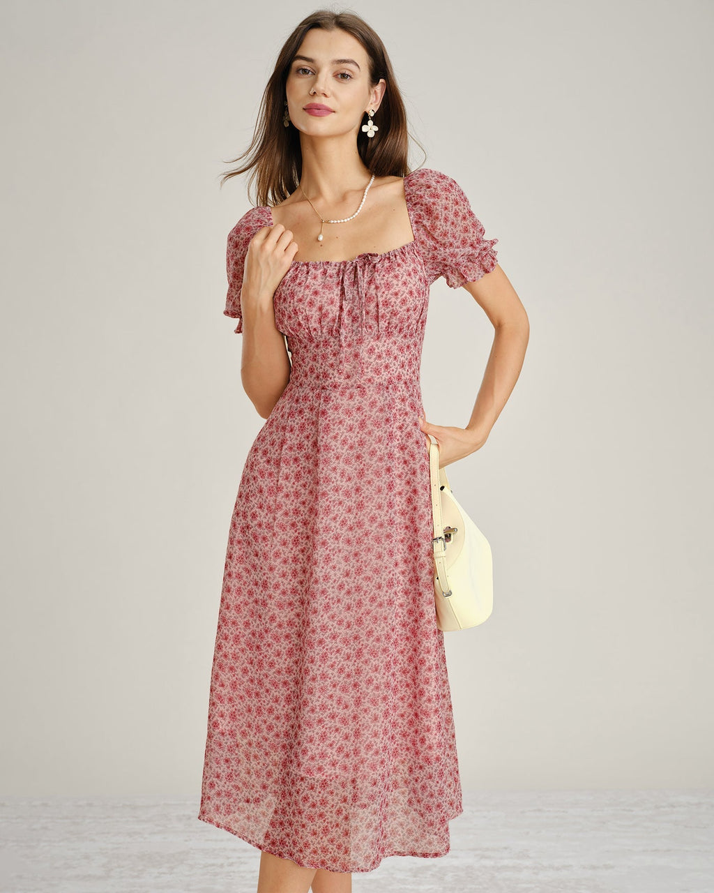 Pink Floral Chiffon Midi Dress with Square Neck