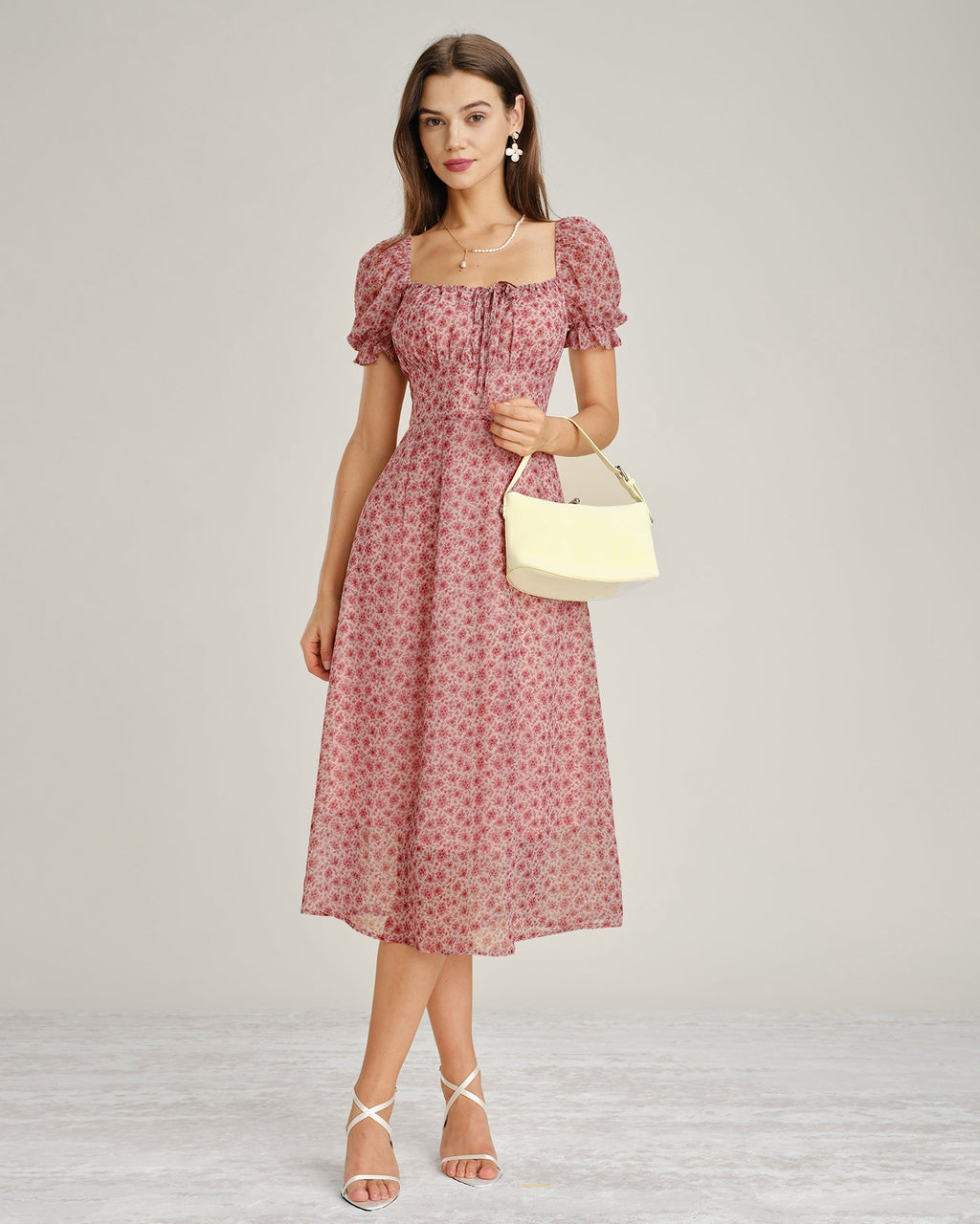 Pink Floral Chiffon Midi Dress with Square Neck