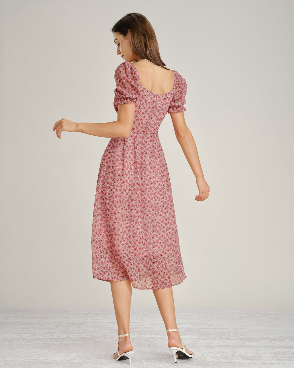 Pink Floral Chiffon Midi Dress with Square Neck