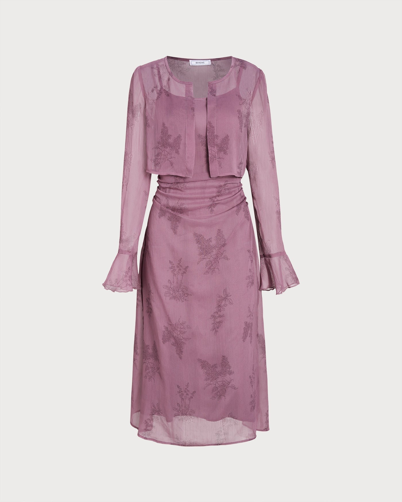 Purple Floral Slip Midi Dress with Ruching