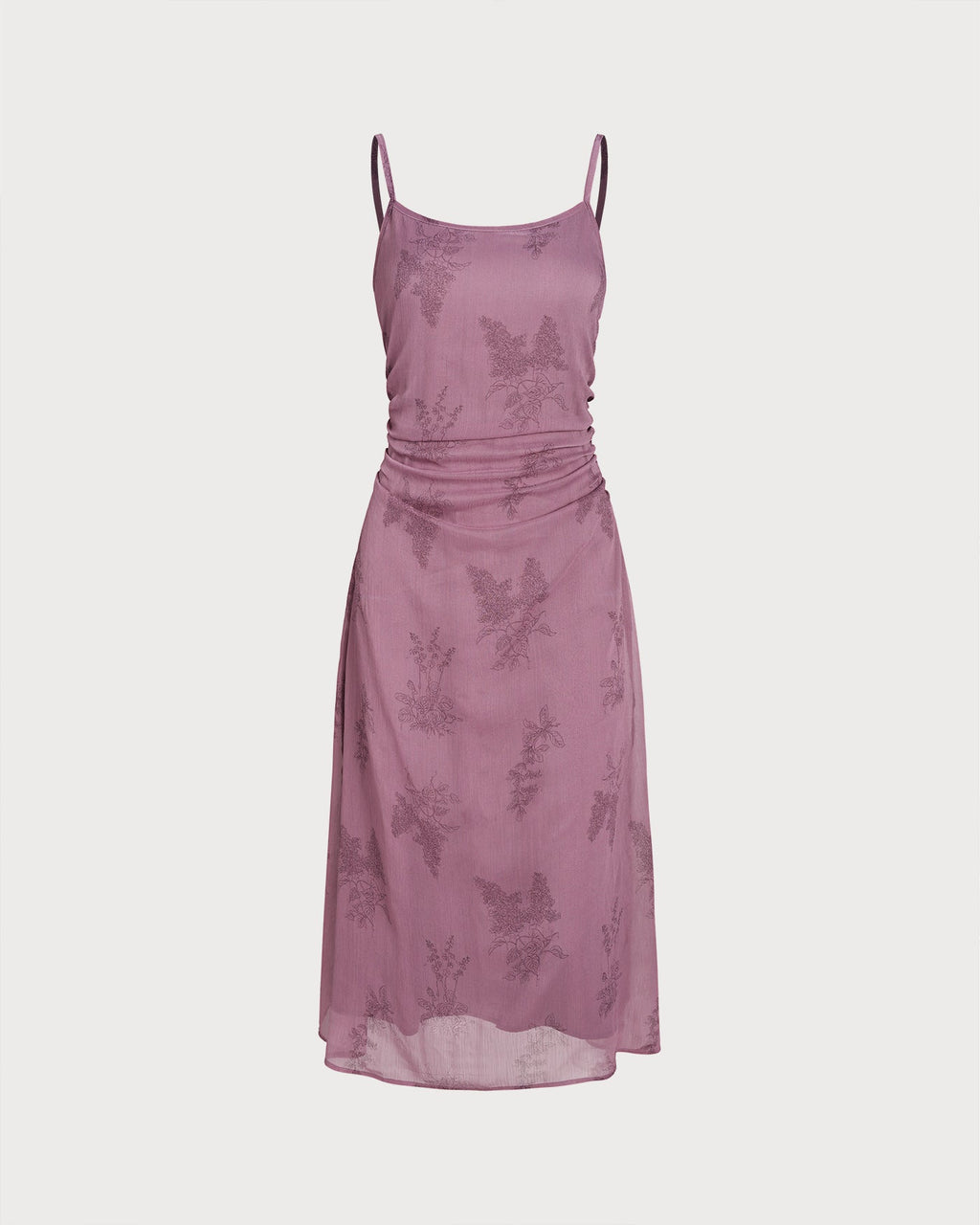 Purple Floral Slip Midi Dress with Ruching