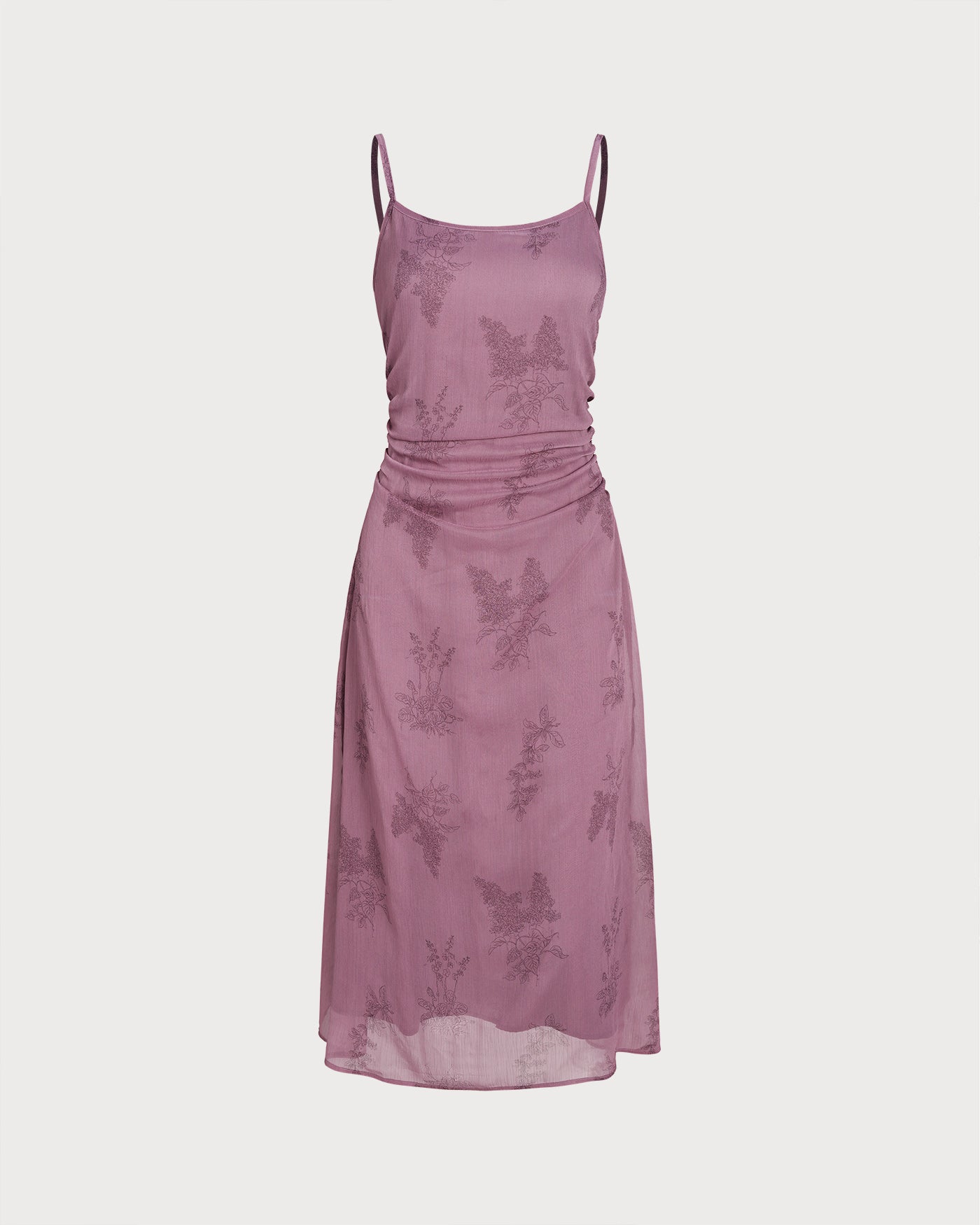 Purple Floral Slip Midi Dress with Ruching