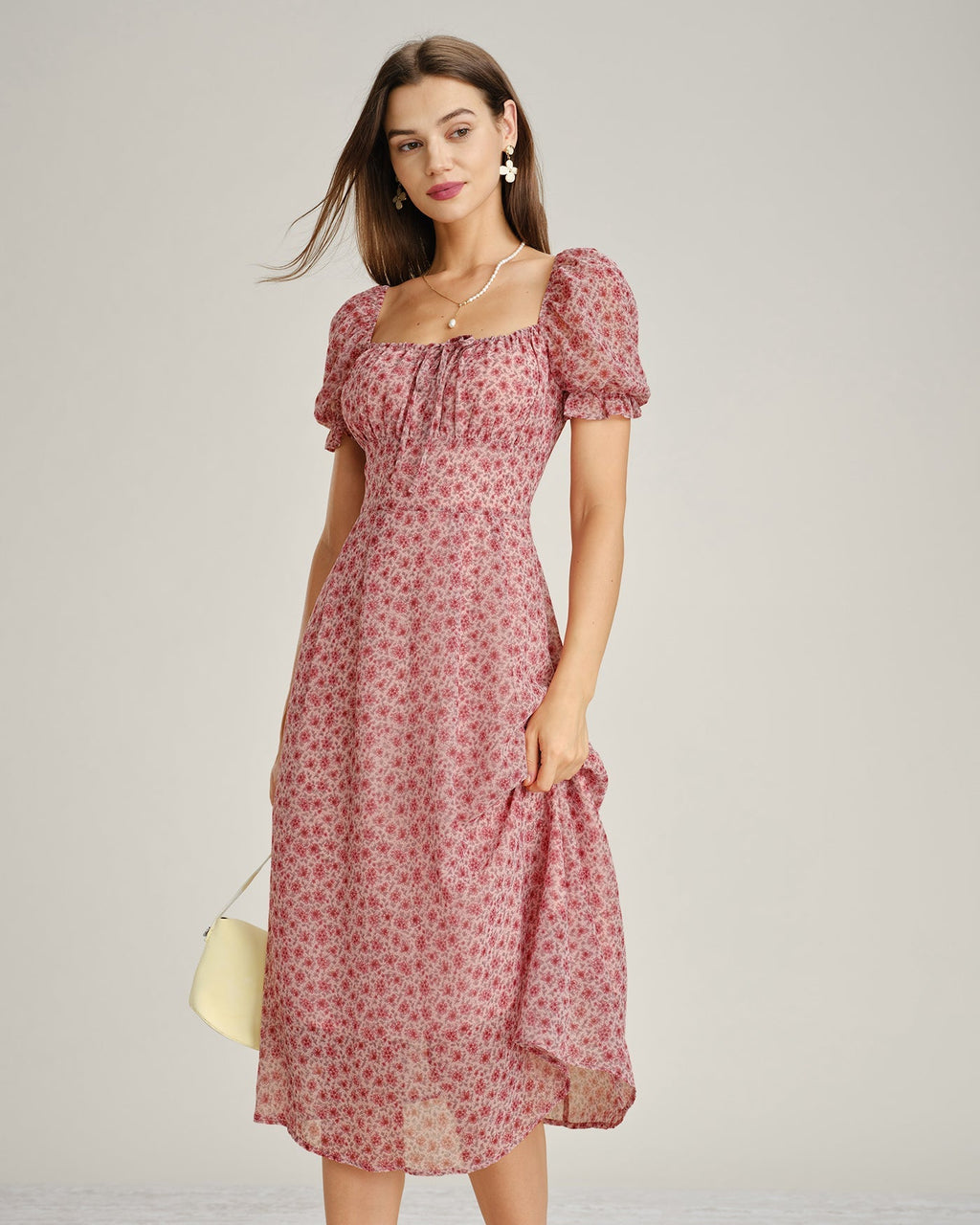 Pink Floral Chiffon Midi Dress with Square Neck