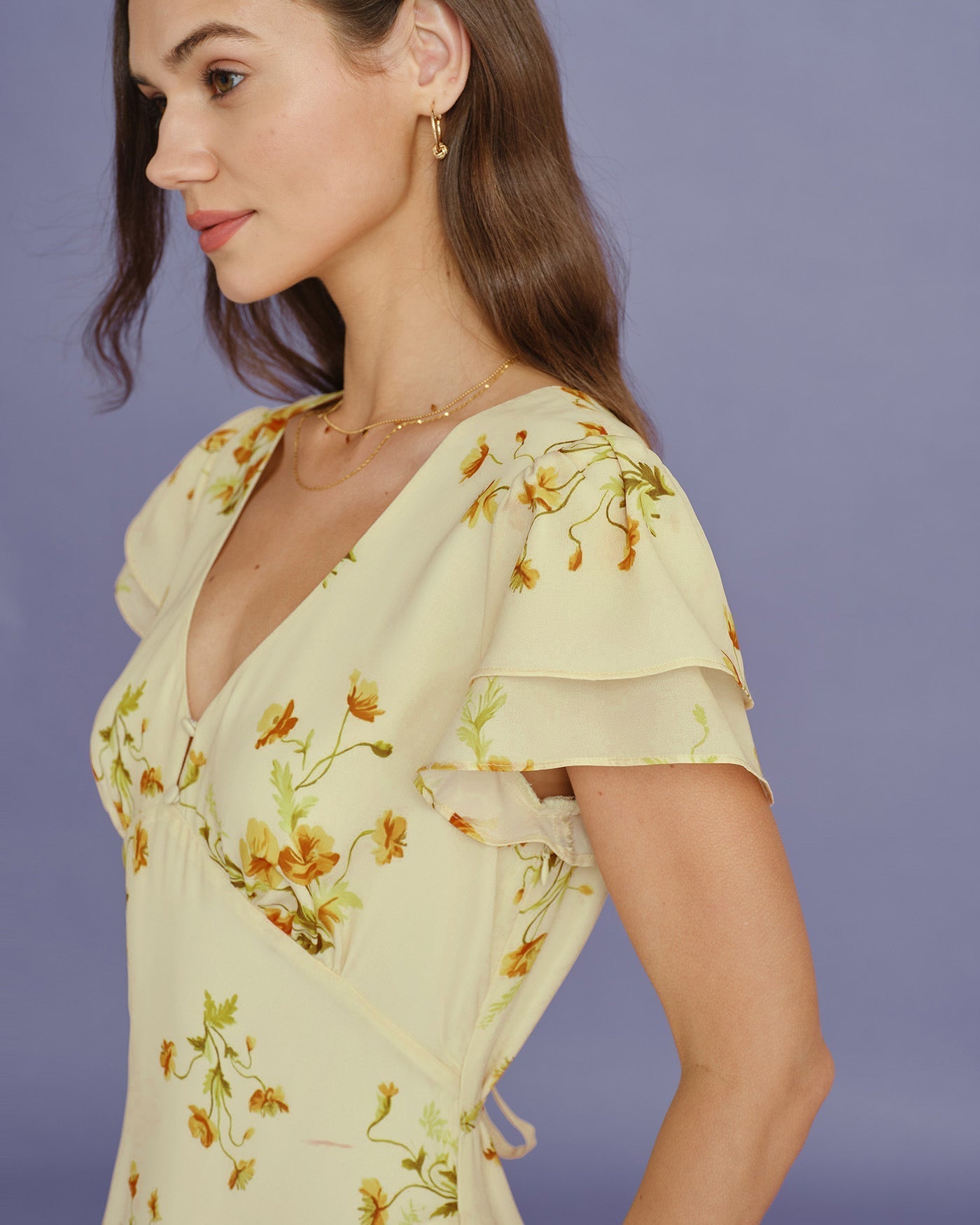 Yellow Floral Midi Dress with V-Neck Mermaid Style