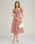 Pink Floral Chiffon Midi Dress with Square Neck