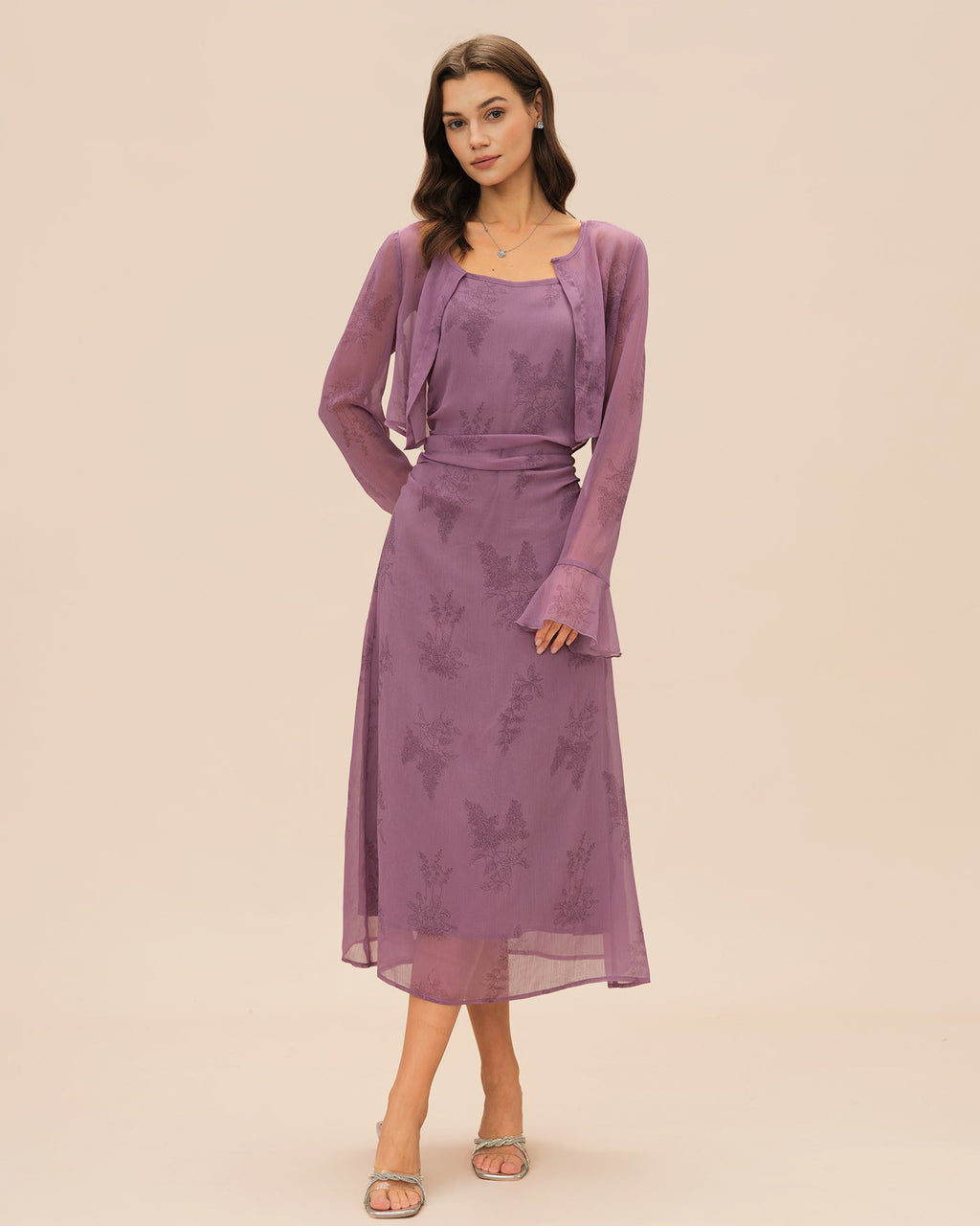 Purple Floral Slip Midi Dress with Ruching